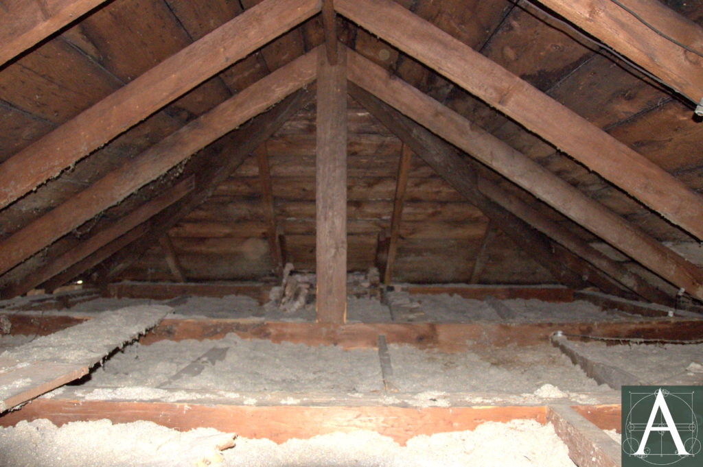 view of original roof framing at north end of main house