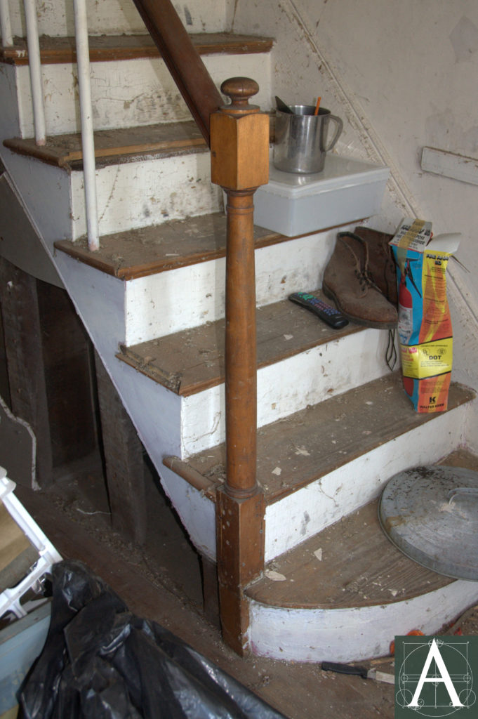 pillar newel and dowel balusters at main staircase