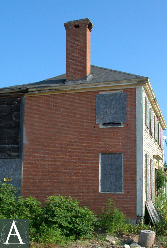 view of brick end walls containing one firebox per storey