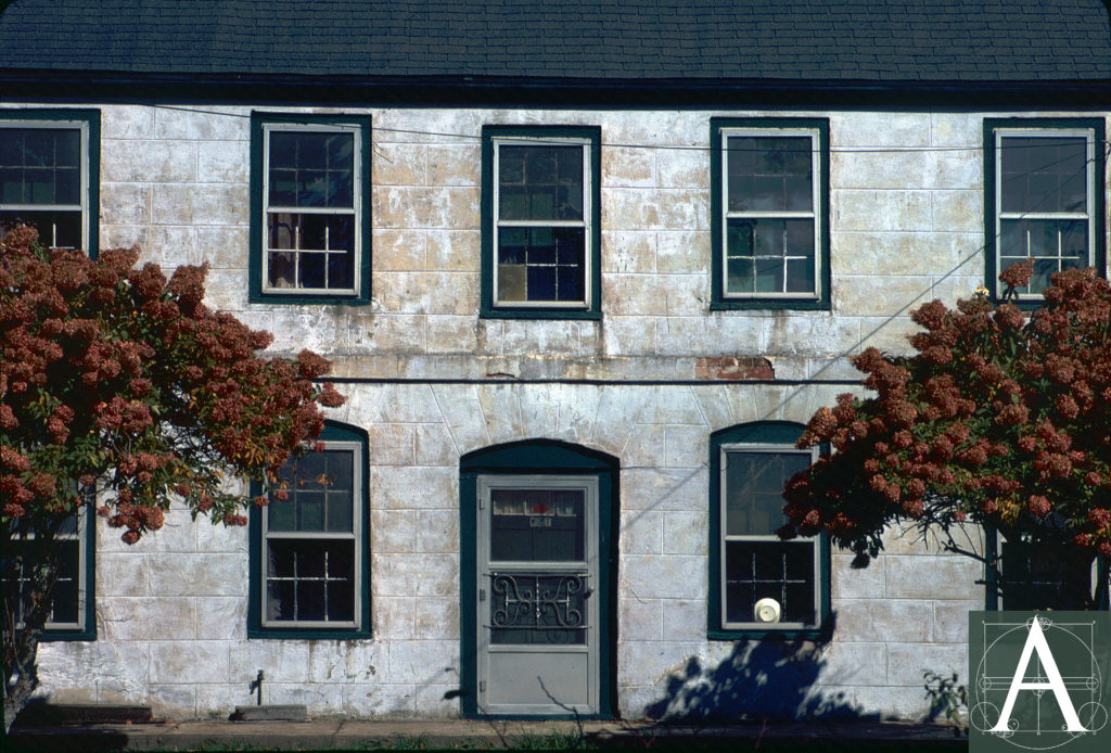 Samuel Chase House - detail of render scored as ashlar with gauged arches (pre-1985)