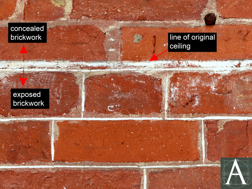 rear porch (south elevation) showing brickwork sheltered from weather; upper portion was originally concealed by a ceiling