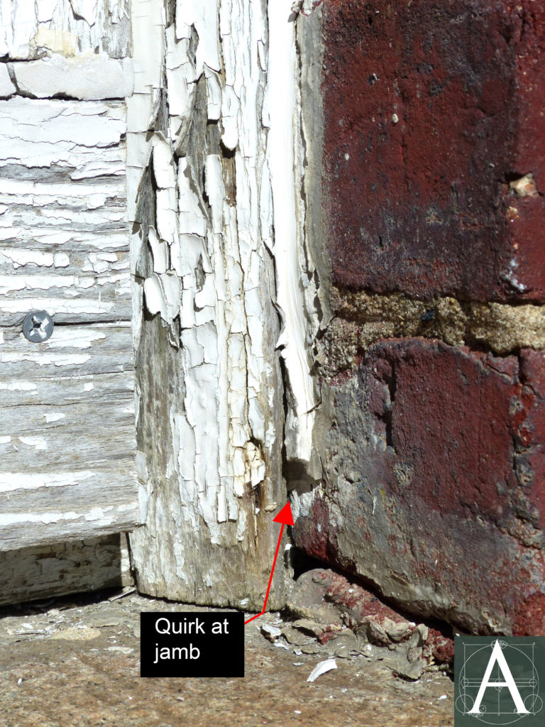 characteristic Greek Revival-style moulding at window surround with quirked edge to receive mastic caul