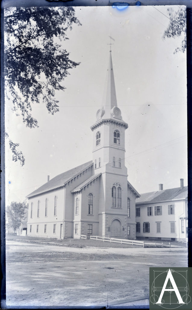 Central Square Congregational Church, ca. 1880, 71 Central Square, Bridgewater, MA showing the original spire [image from Digital Commonwealth: Clement Maxwell Library collections at Bridgewater State University]