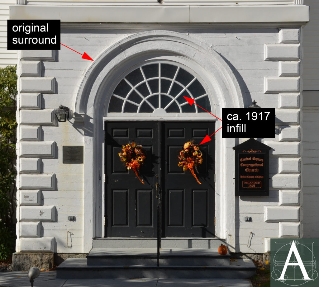 Current front doorway showing original 1862 surround with ca. 1917 double door and fanlight added