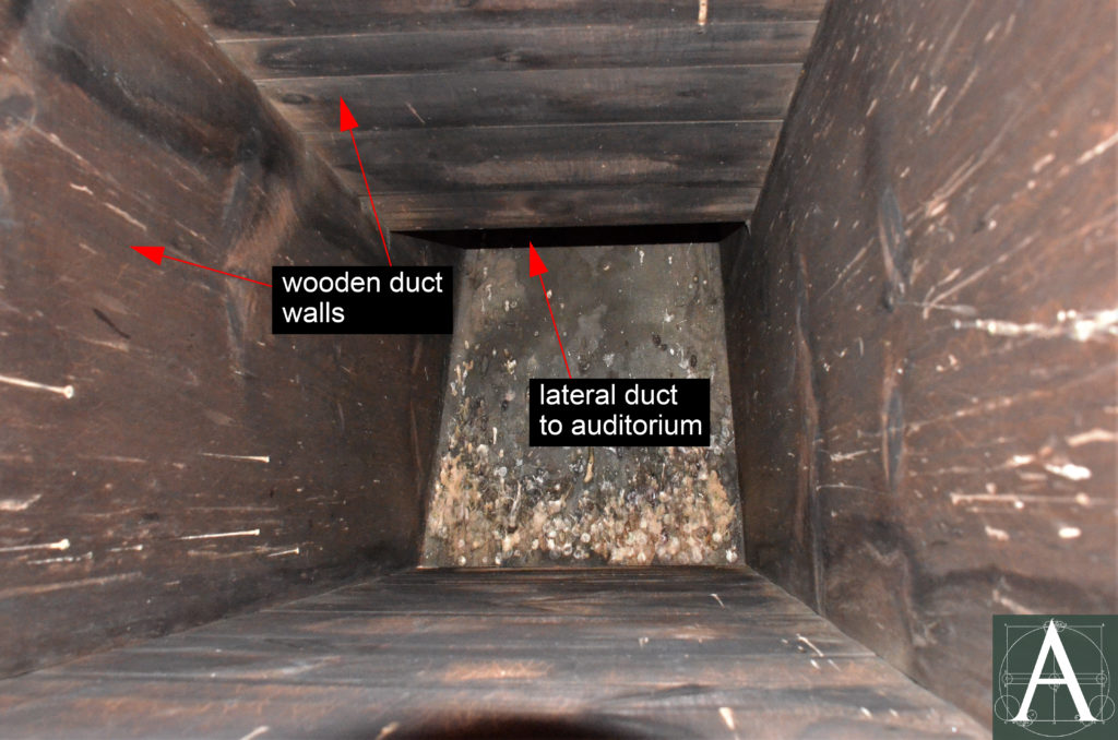 Interior of wooden ventilation duct at belfry