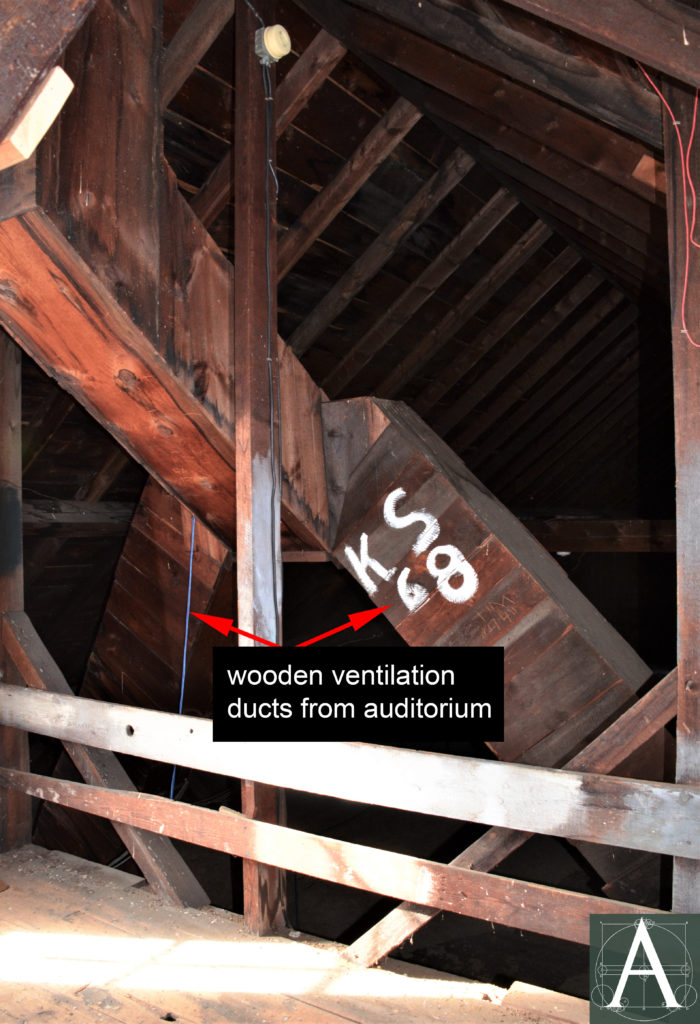 Wooden ventilation ducts at the south end of the attic that rise through the tower to the belfry